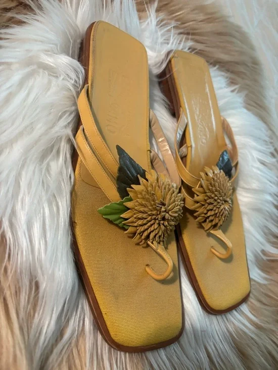 Salvatore Ferragamo Yellow Floral Toe-Post Sandals with Green Accents - Picture 2 of 6